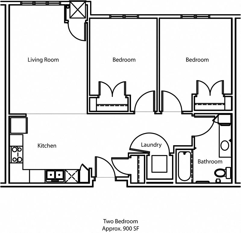 Floor plan for 2 beds, 1 bath, 903 sqft